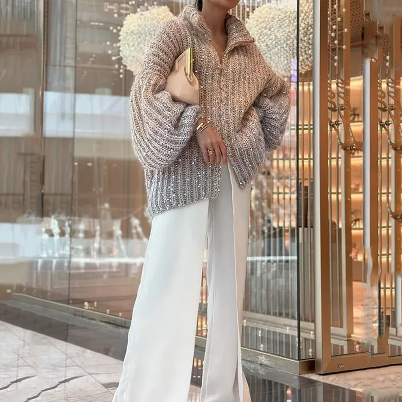 Single Color Sequin Knitted Sweater Jacket