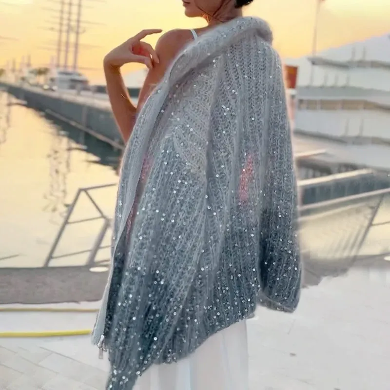 Single Color Sequin Knitted Sweater Jacket