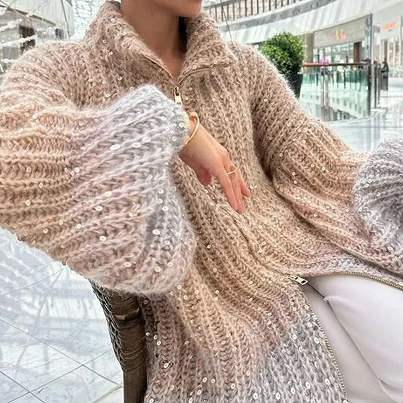 Single Color Sequin Knitted Sweater Jacket