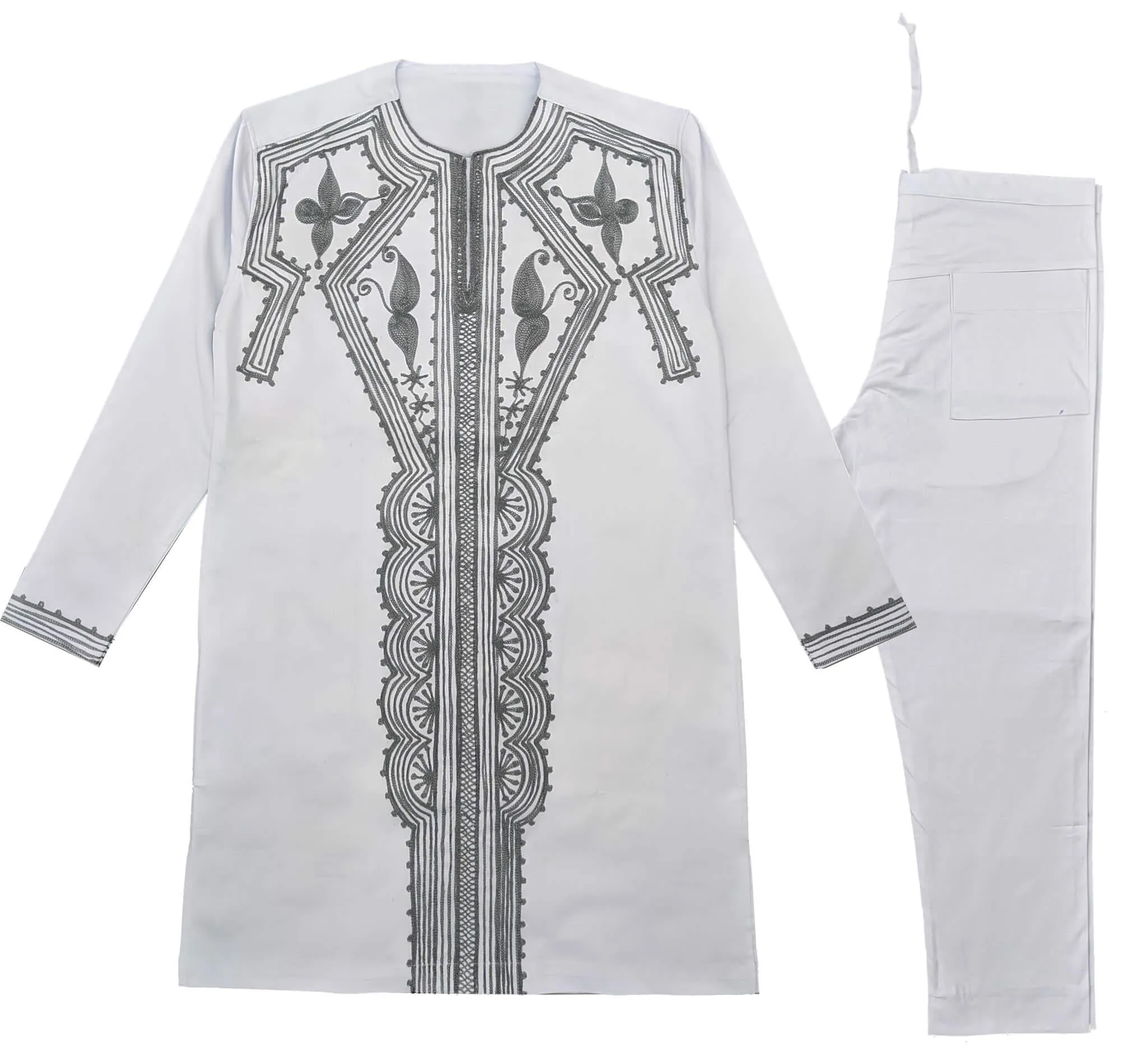 White & Silver Men Embroidery Long Sleeve Set