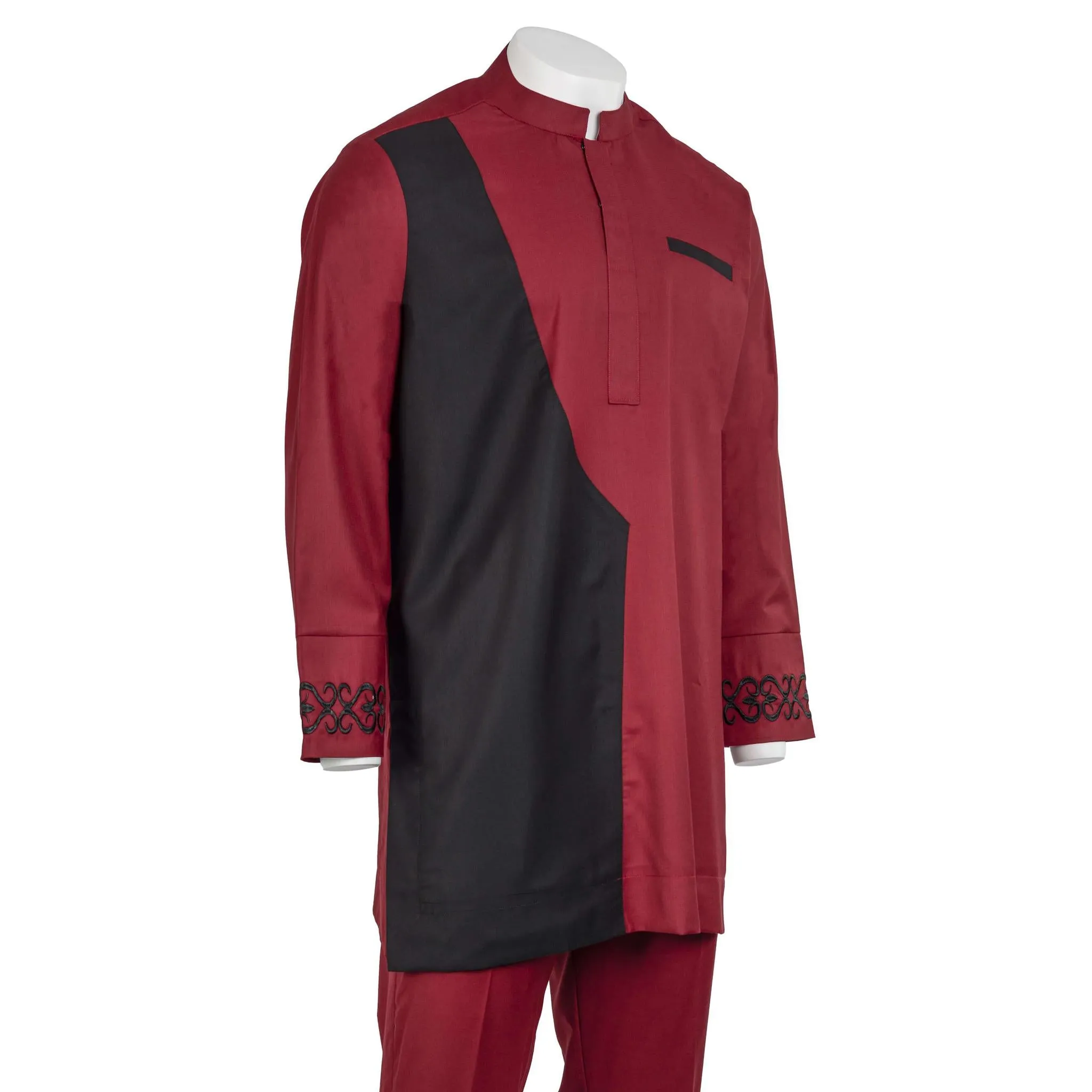 Wine & Black Mandarin Collar Pant Set