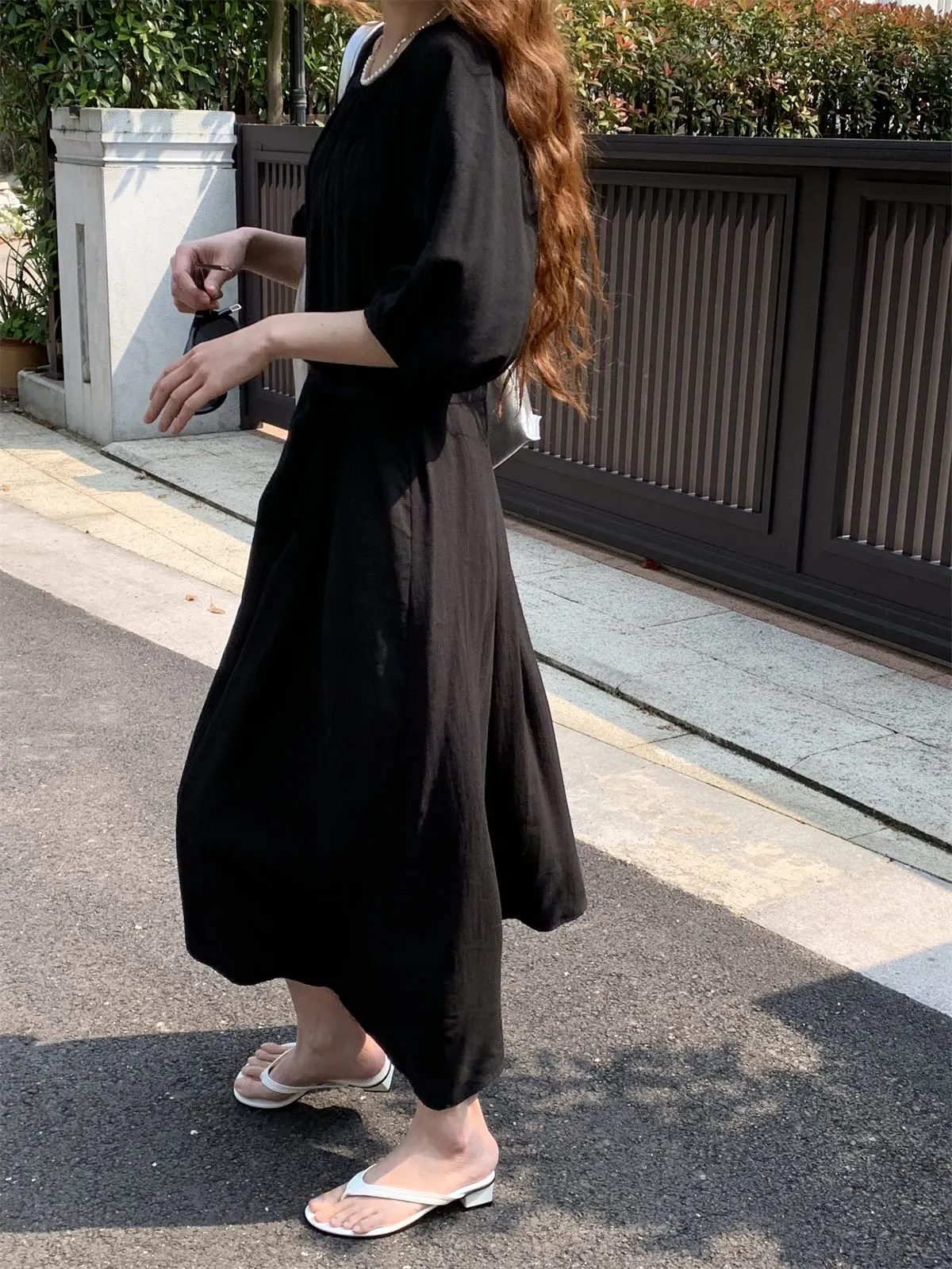Women's Fashion Satin Silk Lace-up Waist Hugging Puff sleeve Dress S4374530