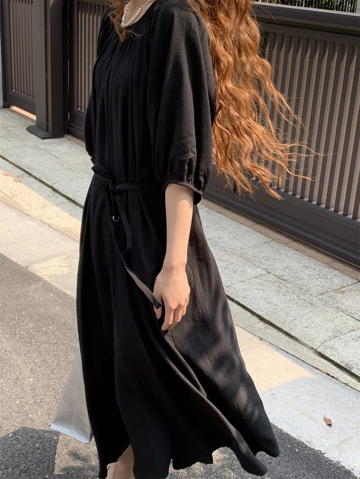 Women's Fashion Satin Silk Lace-up Waist Hugging Puff sleeve Dress S4374530