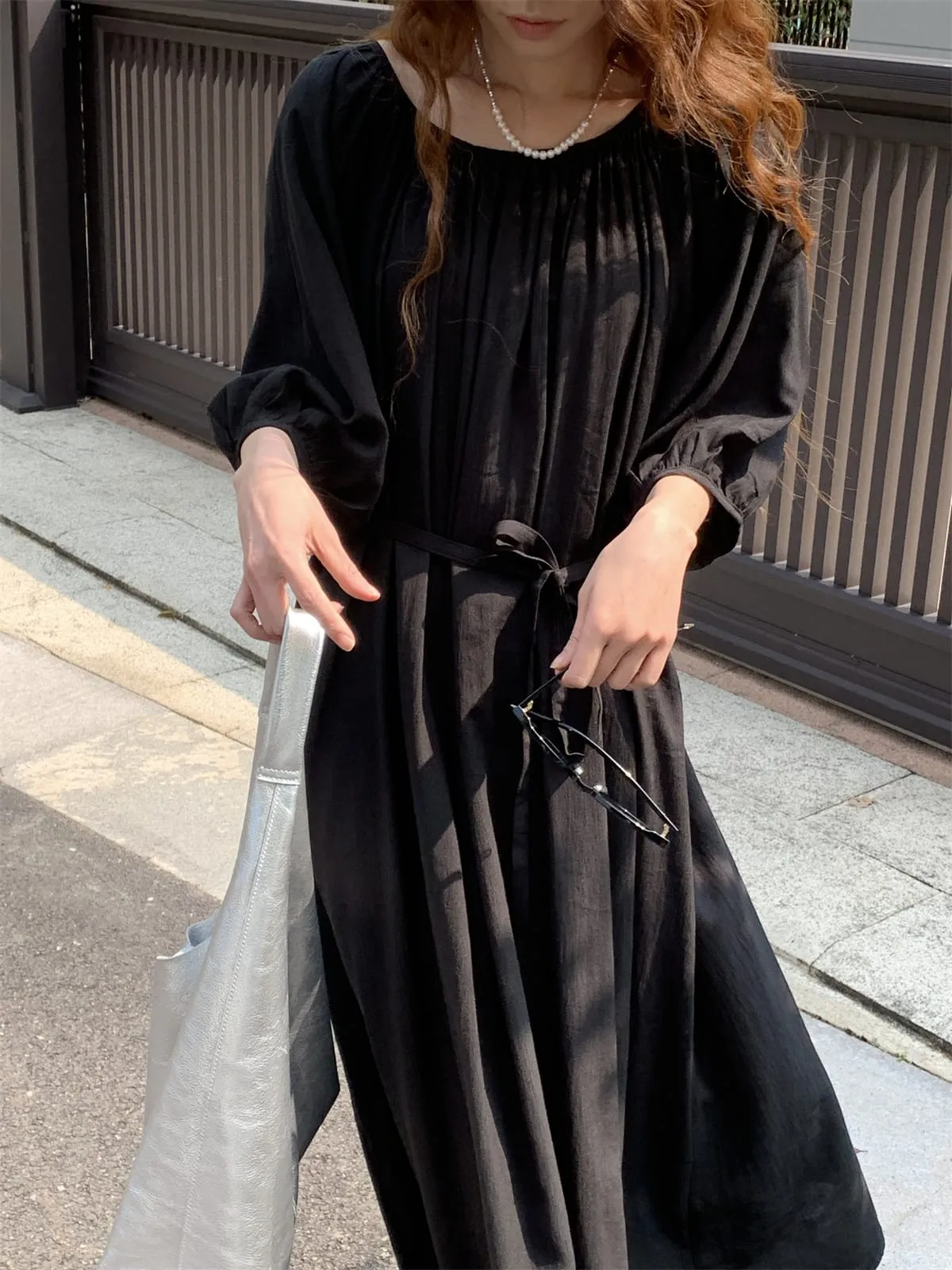 Women's Fashion Satin Silk Lace-up Waist Hugging Puff sleeve Dress S4374530