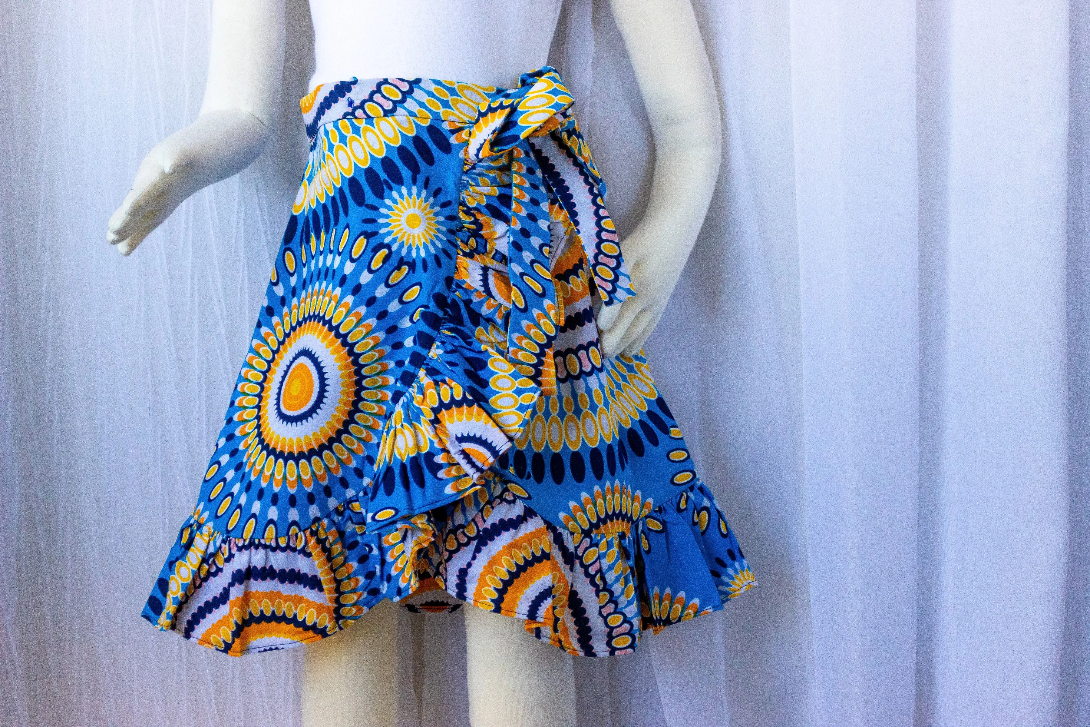 Wrap Skirt( ruffled) Ankara/Kitenge/African Print- Light Blue/Yellow Concentric Circle