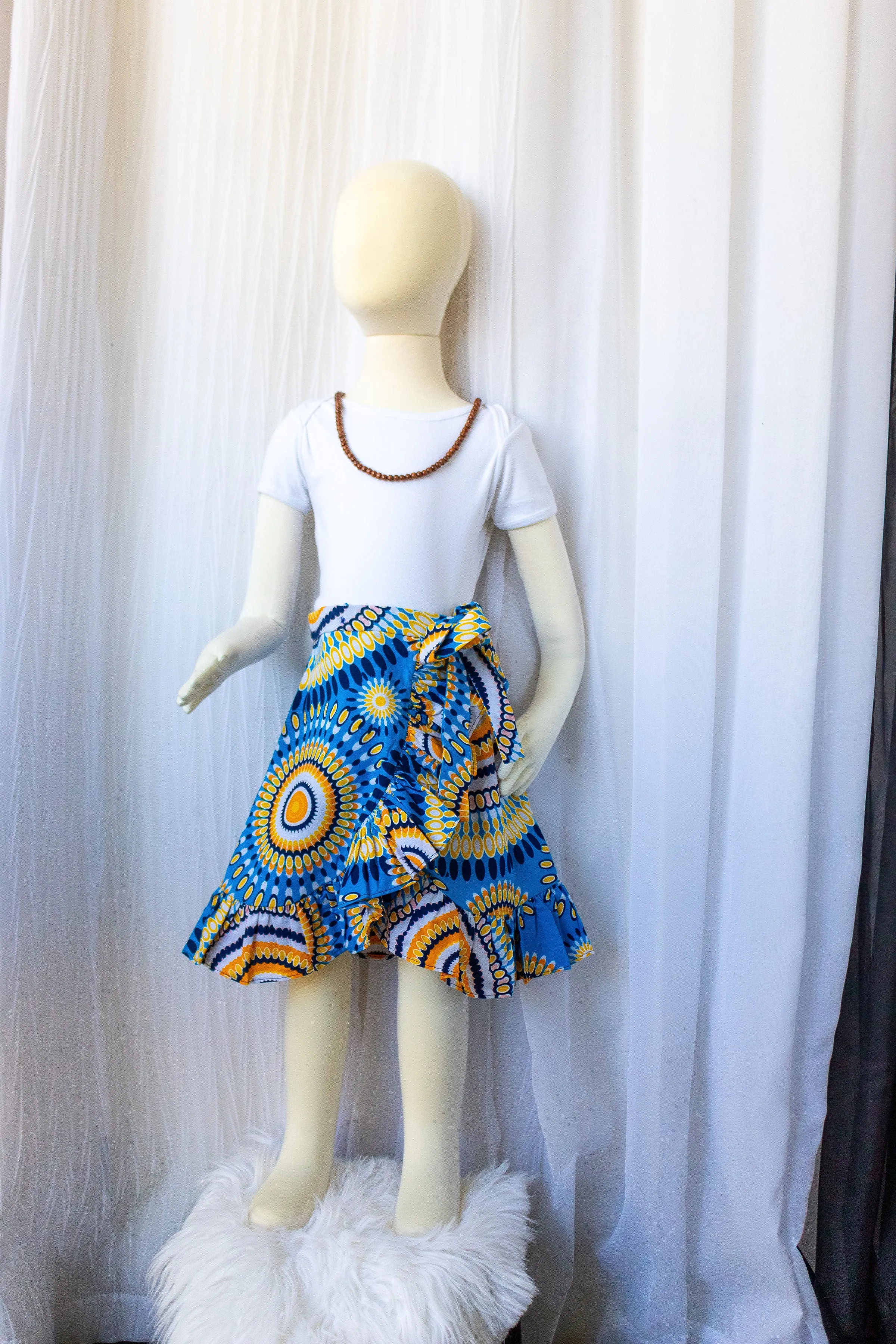Wrap Skirt( ruffled) Ankara/Kitenge/African Print- Light Blue/Yellow Concentric Circle