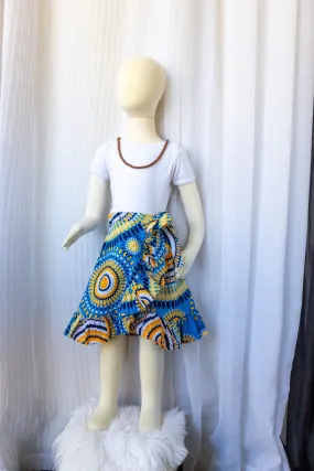 Wrap Skirt( ruffled) Ankara/Kitenge/African Print- Light Blue/Yellow Concentric Circle