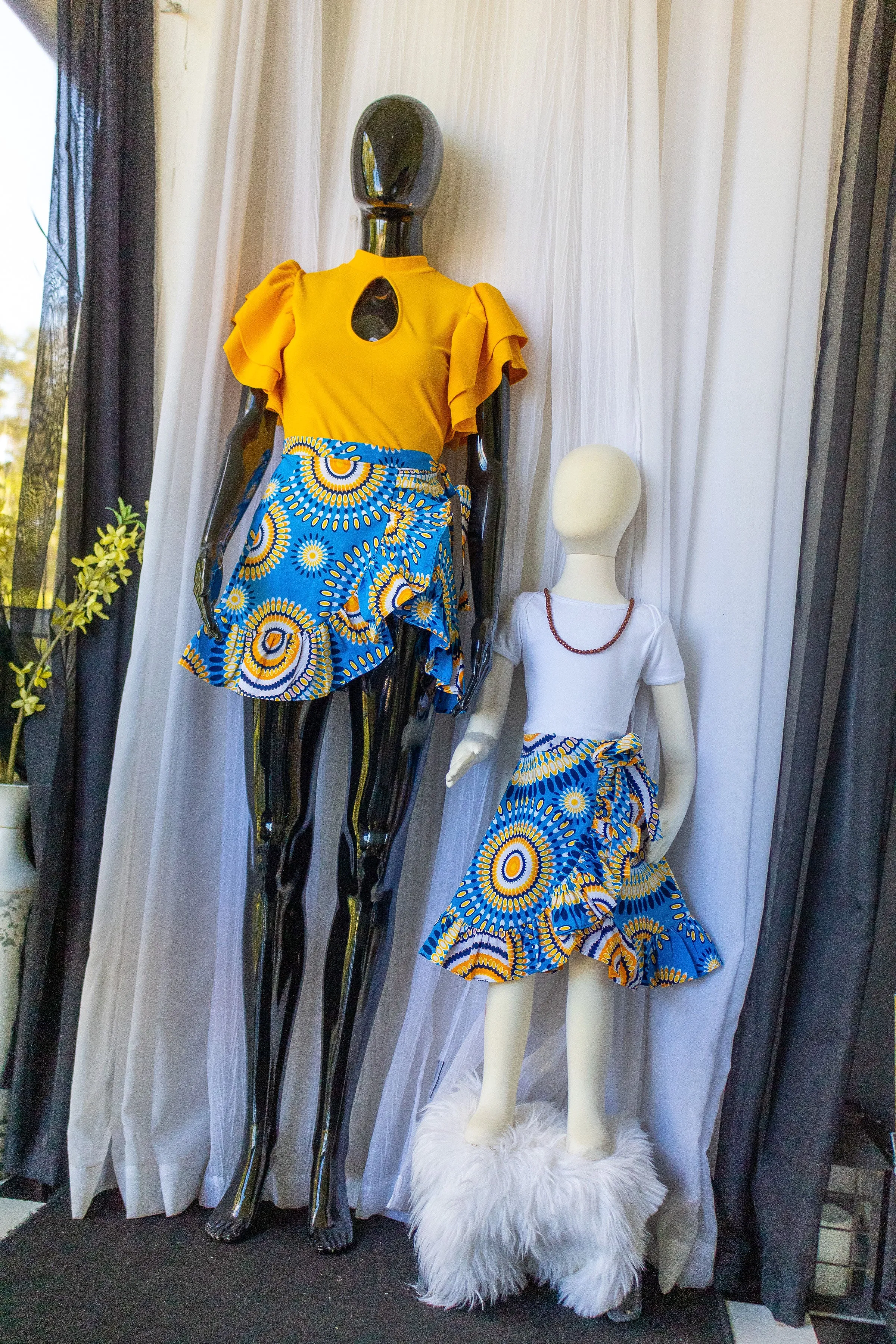 Wrap Skirt( ruffled) Ankara/Kitenge/African Print- Light Blue/Yellow Concentric Circle